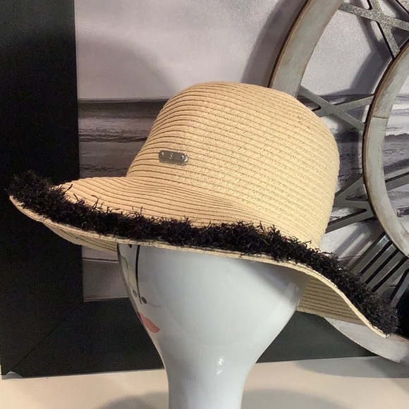 San Diego Hat Company Paper Straw Woven Wide Brim Black Fringe One Size Hat - Picture 6 of 12